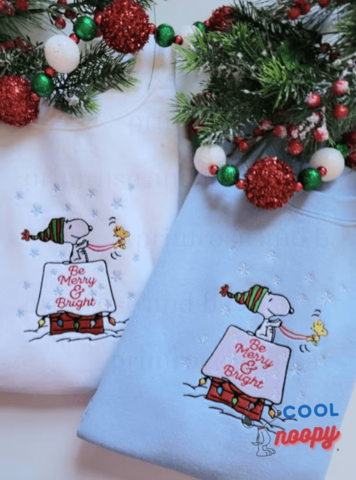 Be Merry & Bright Snoopy Christmas Embroidered Sweatshirt, Dog Christmas Embroidered Crewneck, Christmas Gift