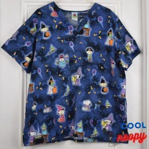 Peanuts Halloween Scrub Top Women XL Pullover Blue Unisex Snoopy Charlie Lucy