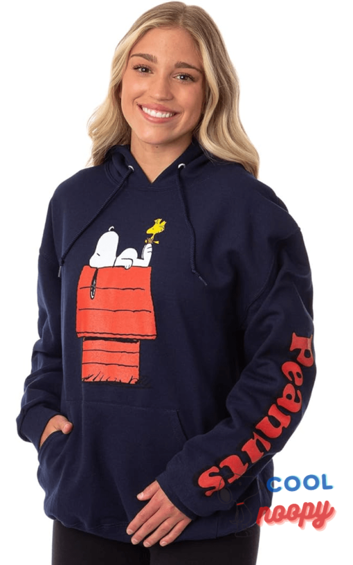 Peanuts Juniors' Snoopy And Woodstock Red Doghouse Hooded Sweatshirt Pullover Hoodie