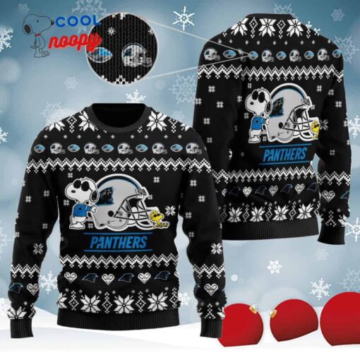 Cute Snoopy Show Football Helmet Knitted Ugly Christmas Sweater for the Panthers