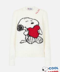 Woman crewneck black sweater with Snoopy and Woodstock print ad rhines
