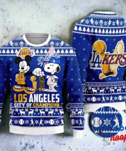 Cheap Mickey And Snoopy Los Angeles Dodgers Ugly Christmas Sweater 1