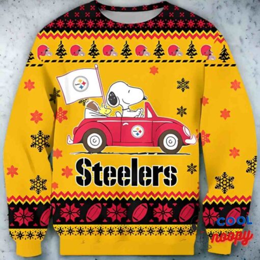 Nfl Pittsburgh Steelers X Snoopy Driving Car Ugly Christmas Sweater 1
