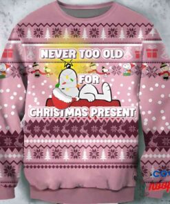 Never Too Old For Christmas Present Snoopy And Woodstock Christmas Sweater 1