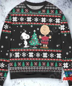 Snoopy And Charlie Brown Pine Tree Snowflake Holiday Ugly Christmas Sweater 1