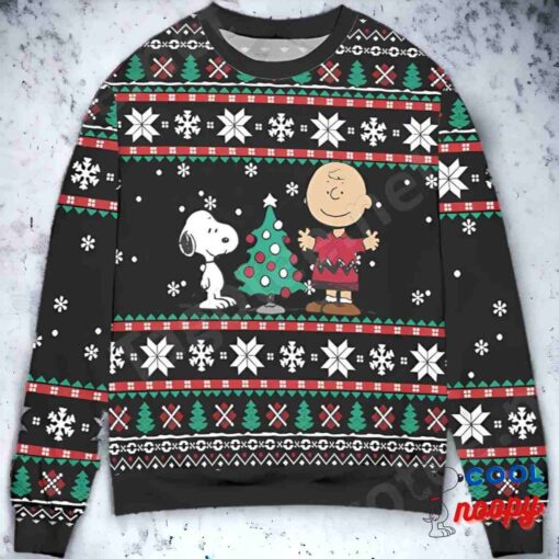Snoopy And Charlie Brown Pine Tree Snowflake Holiday Ugly Christmas Sweater 1