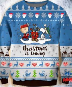 Snoopy And Charlie Brown Xmas Is Coming Reindeer Pattern Xmas Ugly Christmas Sweater 1