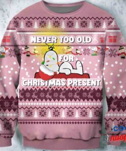 Snoopy Never To Old For Christmas Prensent Ugly Sweater 1